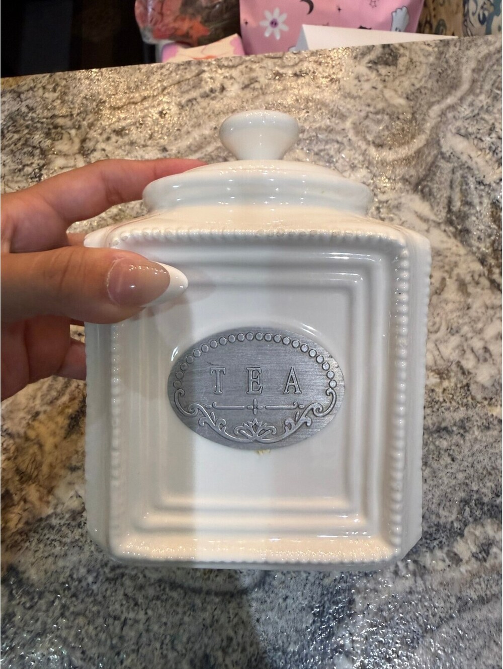 THL White Ceramic Tea Canister with Lid